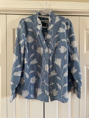 Talbots Blue Floral Embroidered Button-Up Blouse
